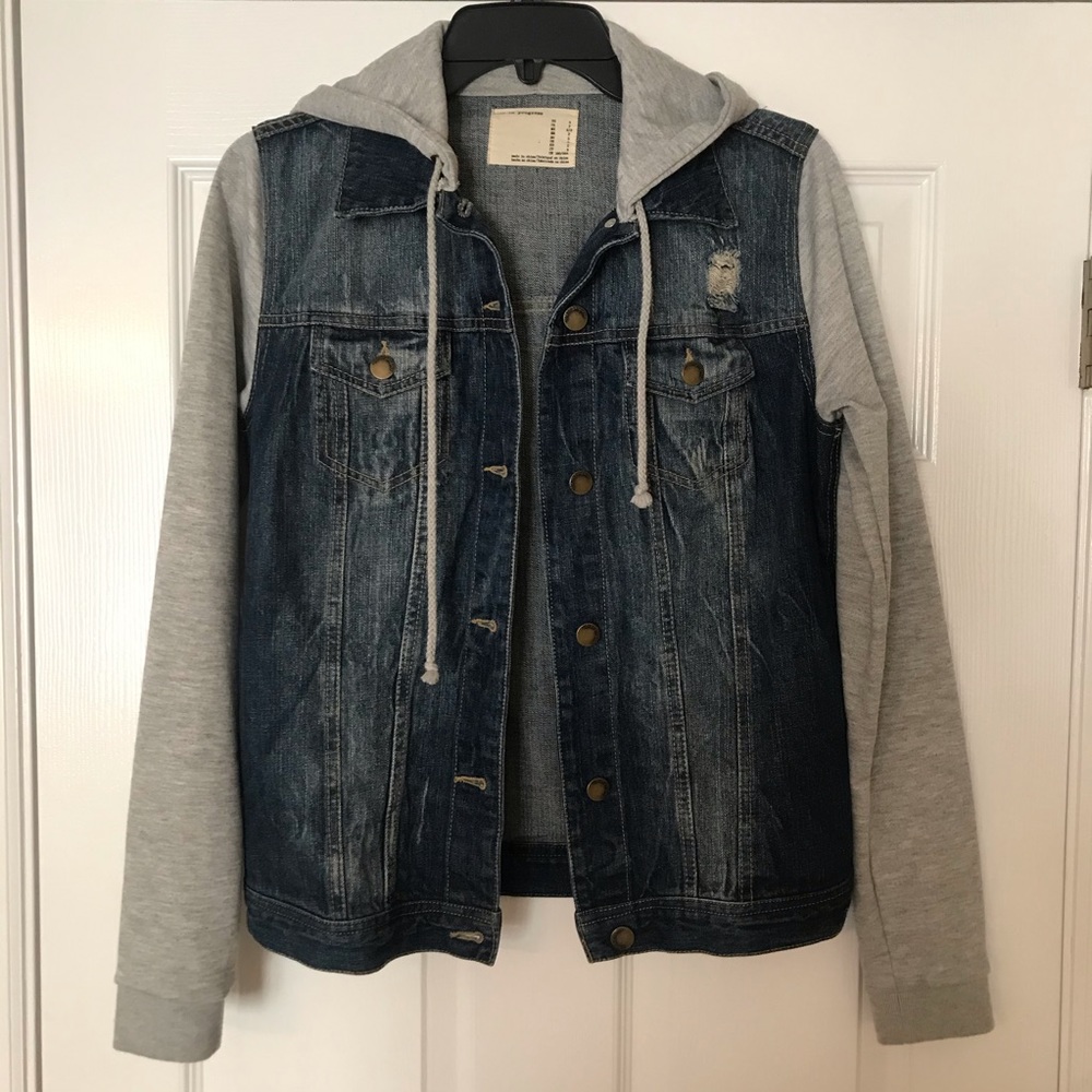 Life in Progress Distressed Sweatshirt Jean Jacket